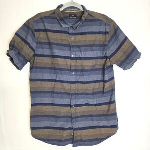 Roark Revival Short Sleeve Striped Button-Down Camp‎ Shirt, Blue Brown, Large